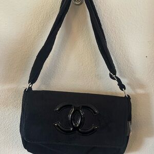Chanel Black Pile Fabric Shoulder Bag